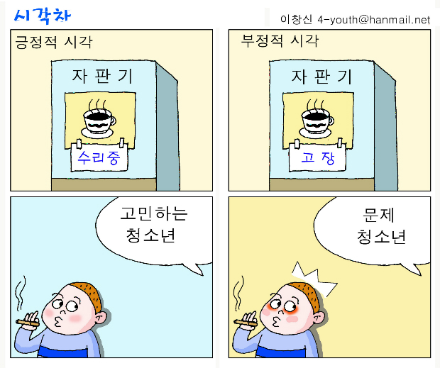 긍정적 시각 (자판기 수리중 고민하는 청소년) 부정적 시각(자판기 고장 문제 청소년)