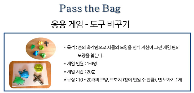 Pass the Bag 응용 게임 ? 도구 바꾸기
                목적: 손의 촉각만으로 사물의 모양을 인식 자신이 그린 게임 판의 모양을 찾는다.
/게임 인원: 1-4명
/게임 시간: 20분
/구성: 10 ~20개의 모양, 도화지 (참여 인원 수 만큼), 면 보자기 1개