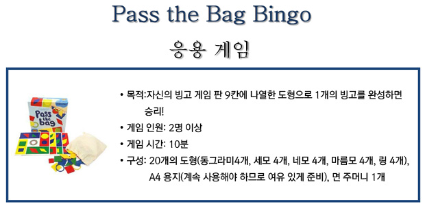 목적:자신의 빙고 게임 판 9칸에 나열한 도형으로 1개의 빙고를 완성하면 승리!
?게임 인원: 2명 이상
?게임 시간: 10분
?구성: 20개의 도형(동그라미4개, 세모 4개, 네모 4개, 마름모 4개, 링 4개), A4 용지(게임 중 계속 사용해야 하므로 여유 있게 준비한다.), 면 주머니 1개