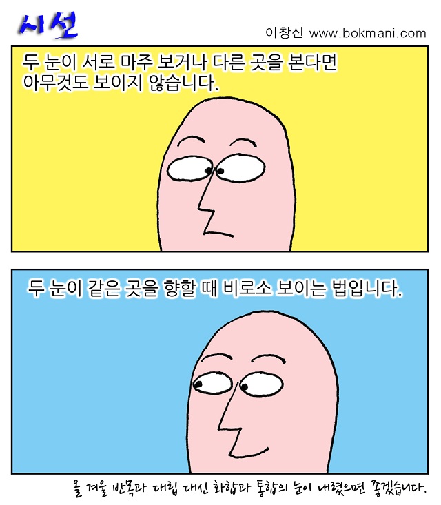 시선 두 눈이 서로 마주 보거나 다른 곳을 본다면 아무것도 보이지 않습니다. 두 눈이 같은 곳을 향할 때 비로소 보이는 법입니다. 올 겨울 반목과 대립 대신 화합과 통합의 눈이 내렸으면 좋겠습니다.