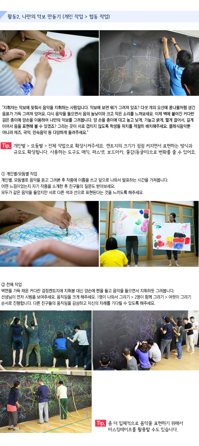 활동2. 나만의 악보 만들기 (개인 작업 > 협동 작업)/지휘자는 악보에 맞춰서 음악을 지휘하는 사람입니다. 악보에 보면 뭐가 그려져 있죠? 다섯 개의 오선에 콩나물처럼 생긴 음표가 가득 그려져 있어요. 다시 음악을 들으면서 음의 높낮이와 크고 작은 소리를 느껴보세요. 이제 벽에 붙여진 커다란 검은 종이에 양손을 이용하여 나만의 악보를 그려봅니다. 양 손을 종이에 대고 높고 낮게, 가늘고 굵게, 짧게 끊어서, 길게 이어서 음을 표현해 볼 수 있겠죠? 그리는 곳이 서로 겹치지 않도록 학생들 위치를 적절히 배치해주세요. 클래식음악뿐 아니라 재즈, 국악, 민속음악 등 다양하게 들려주세요.”/Tip. 개인별 모둠별 전체 작업으로 확장시켜주세요. 켄트지의 크기가 점점 커지면서 표현하는 방식과 규모도 확장됩니다. 사용하는 도구도 매직, 파스넷, 보드마카, 물감(동글이)으로 변화를 줄 수 있어요./① 개인별/모둠별 작업/개인별, 모둠별로 음악을 듣고 그려본 후 작품에 이름을 쓰고 앞으로 나와서 발표하는 시간을 가져봅니다. 어떤 느낌이었는지 자기 작품을 소개한 후 친구들의 질문도 받아보세요. /모두가 같은 음악을 들었지만 서로 다른 색과 선으로 표현된다는 것을 느끼도록 해주세요.//② 전체 작업/벽면을 가득 채운 커다란 검정켄트지에 지휘봉 대신 양손에 펜을 들고 음악을 들으면서 지휘하듯 그려봅니다. 선생님이 먼저 시범을 보여주세요. 움직임을 크게 해주세요./1명이 나와서 그리기 > 2명이 함께 그리기 > 여럿이 그리기 순서로 진행합니다./다른 친구들의 움직임을 감상하고 자신의 차례를 기다릴 수 있도록 해주세요./Tip. 좀 더 입체적으로 음악을 표현하기 위해서 마스킹테이프를 활용할 수도 있습니다.